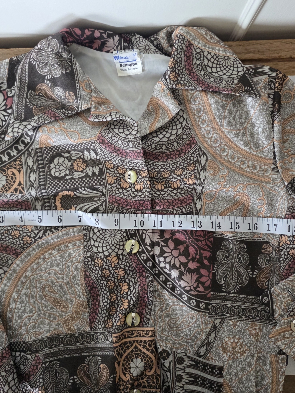Long-Sleeve Patchwork Paisley Shirt Dress in Taupe and Mauve - Picture 10 of 14